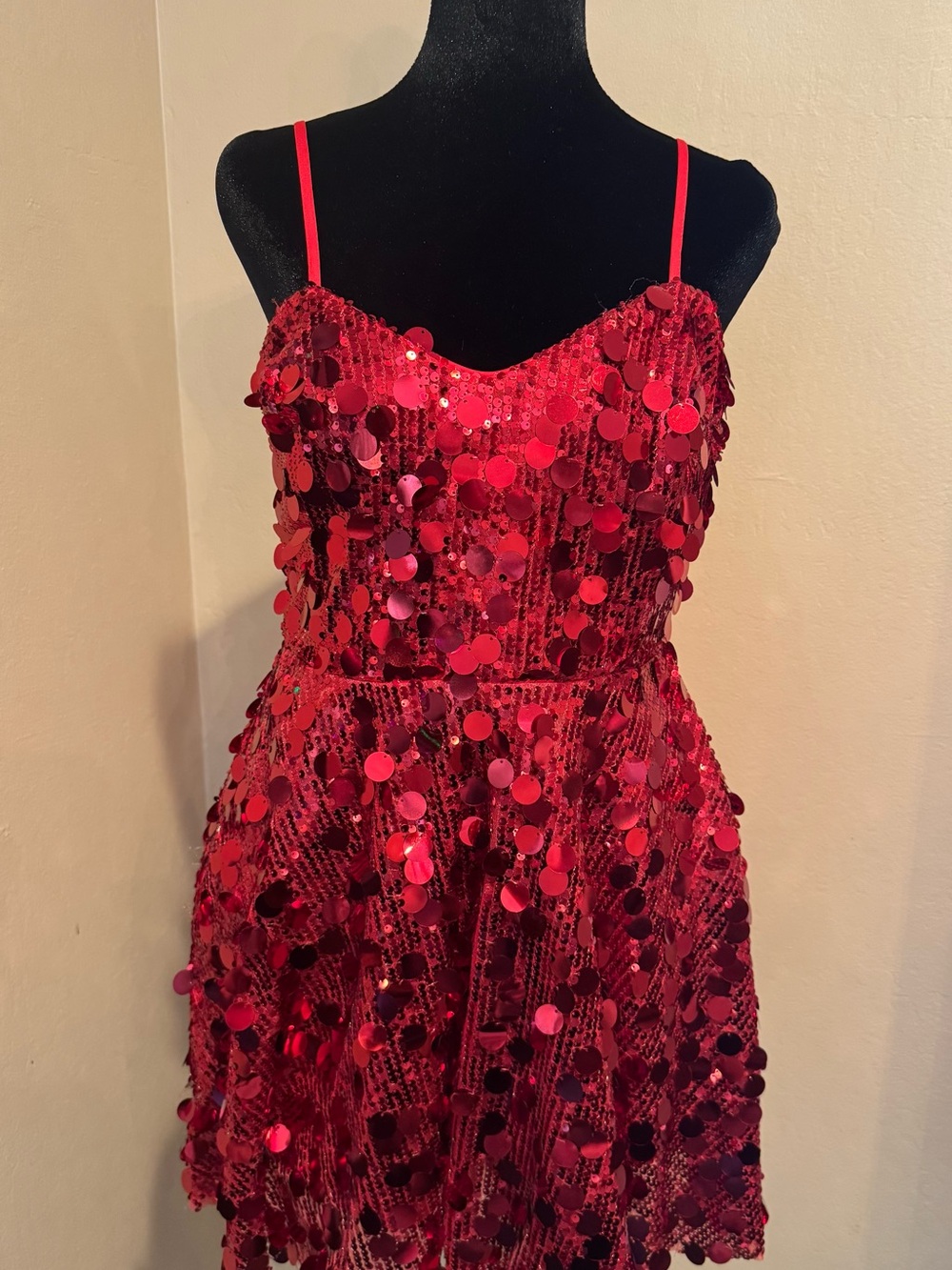 Sparkling Red Sequin Dress W/Adjustable Straps & Flared Skirt. Cocktail/Holiday